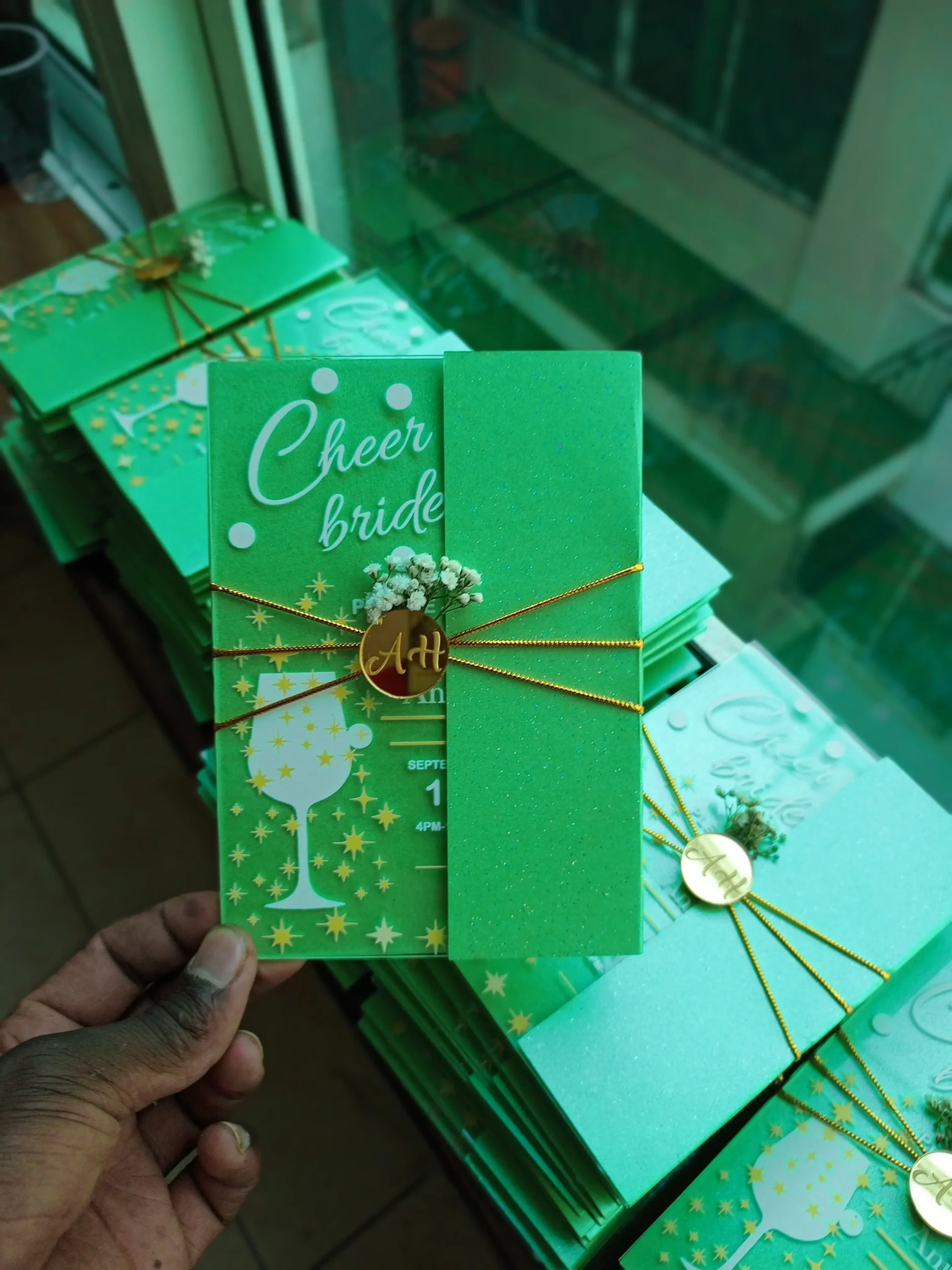 Green flip acrylic wedding card